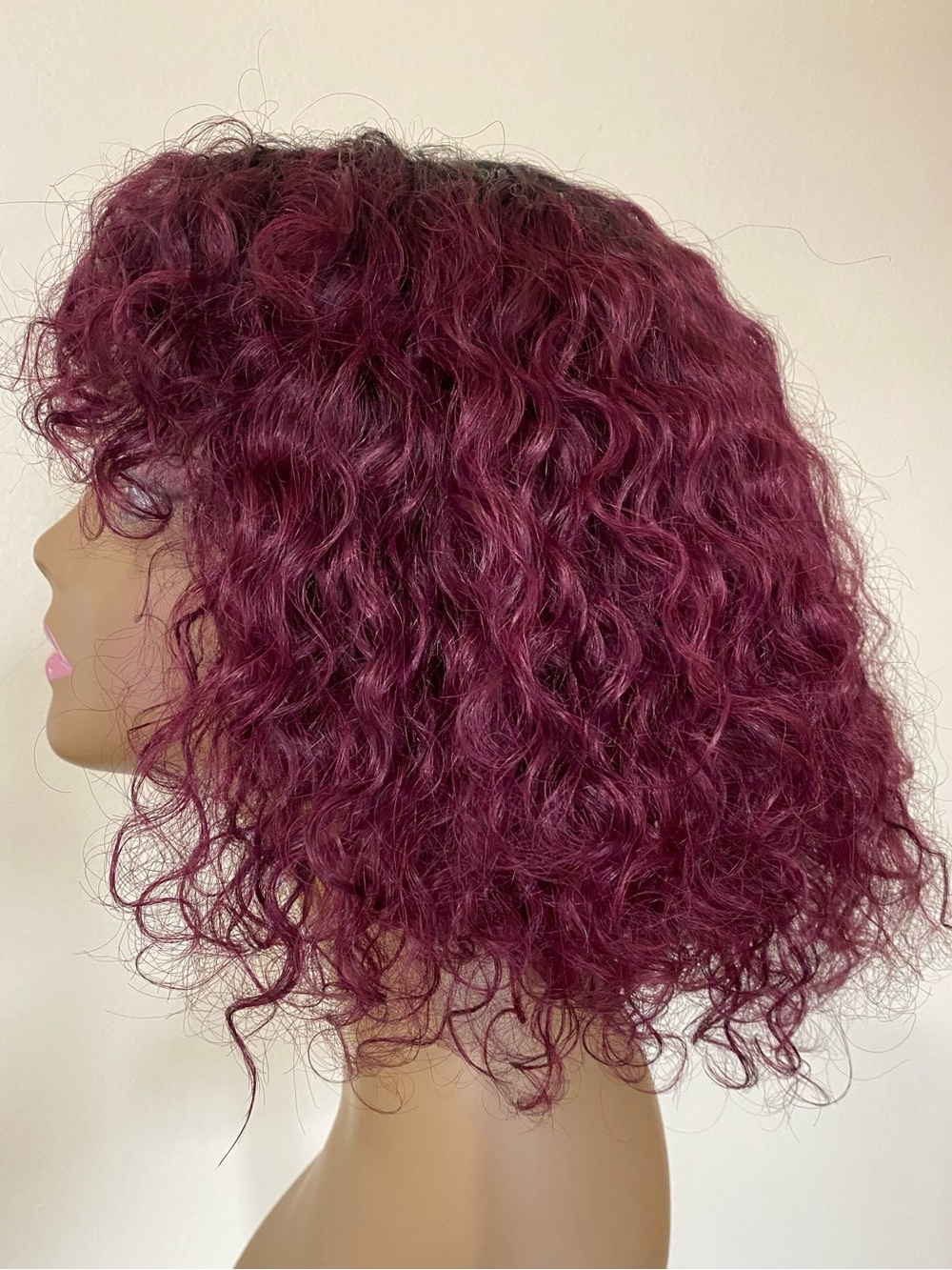 Curly Human Hair Bob Wig with Bangs Ombre Burgundy TT1B/99J Non Lace Glue-Less